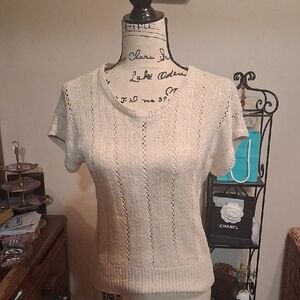 Christian Dior Vintage Cream Knit Short Sleeve Sweater Top Size Small